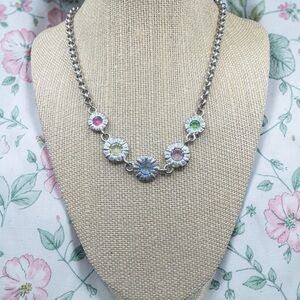 Vintage Liz Claiborne Silver-Toned Multi-Color Flower Pendant Necklace with Tag